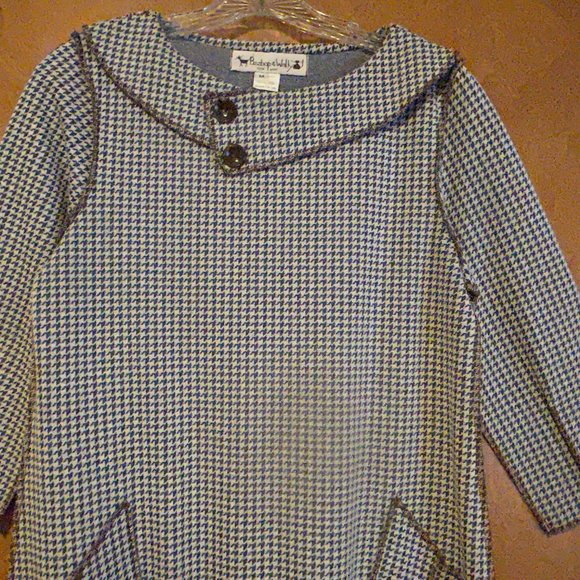 BEEBOP & WALLY Sz M Blue & Tan Pattern 3/4 Sleeve Shift Dress with Pockets - Picture 3 of 7